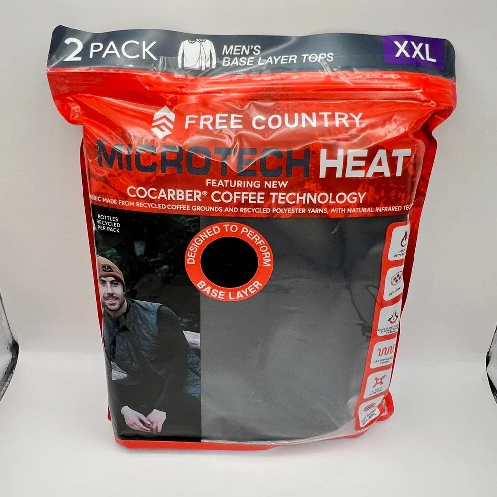 Free Country Mens Microtech Heat 2 Pack Base Layer Tops Black XXL H40MB4536-2S